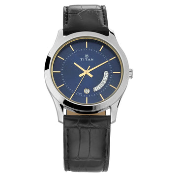 Titan Blue Dial Analog with Date Leather Strap watch for Men 1823SL01