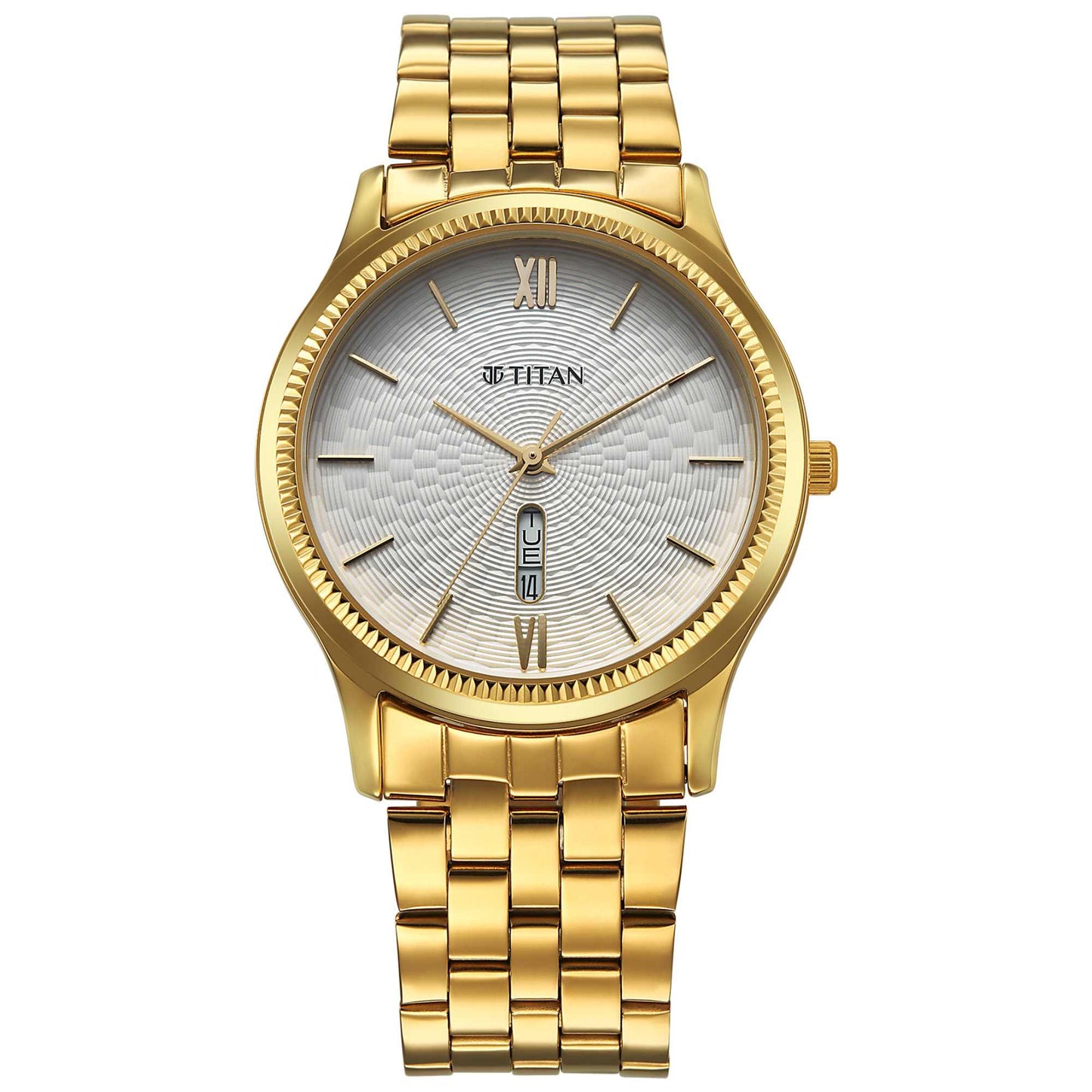 Titan Karishma Silver White Dial Gold Stainless Steel Strap Analog Watch for Men