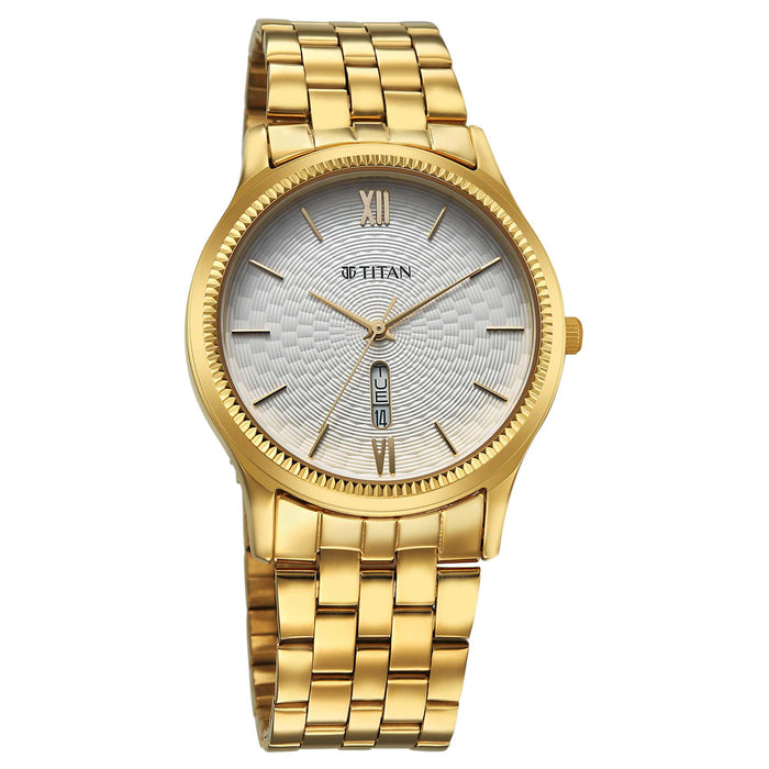 Titan Karishma Silver White Dial Gold Stainless Steel Strap Analog Watch for Men