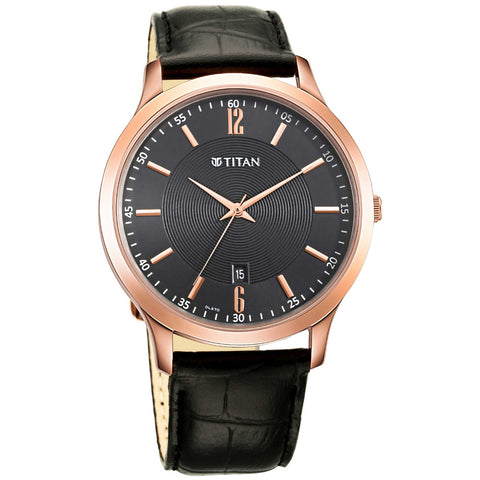 Titan Quartz Analog with Date Black Dial Leather Strap Watch for Men