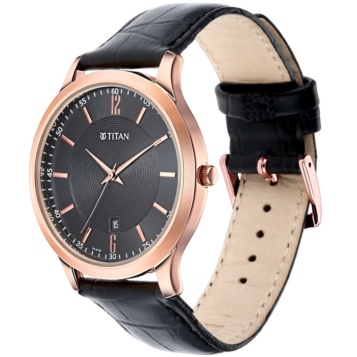 Titan Quartz Analog with Date Black Dial Leather Strap Watch for Men