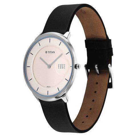 Titan Edge Murals Quartz Analog Pink Dial Black Leather Strap Watch For Men