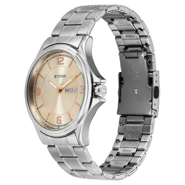 Titan Workwear Beige Dial Silver Stainless Steel Strap Analog with Date Watch for Men 1870SM06