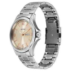 Titan Workwear Beige Dial Silver Stainless Steel Strap Analog with Date Watch for Men 1870SM06