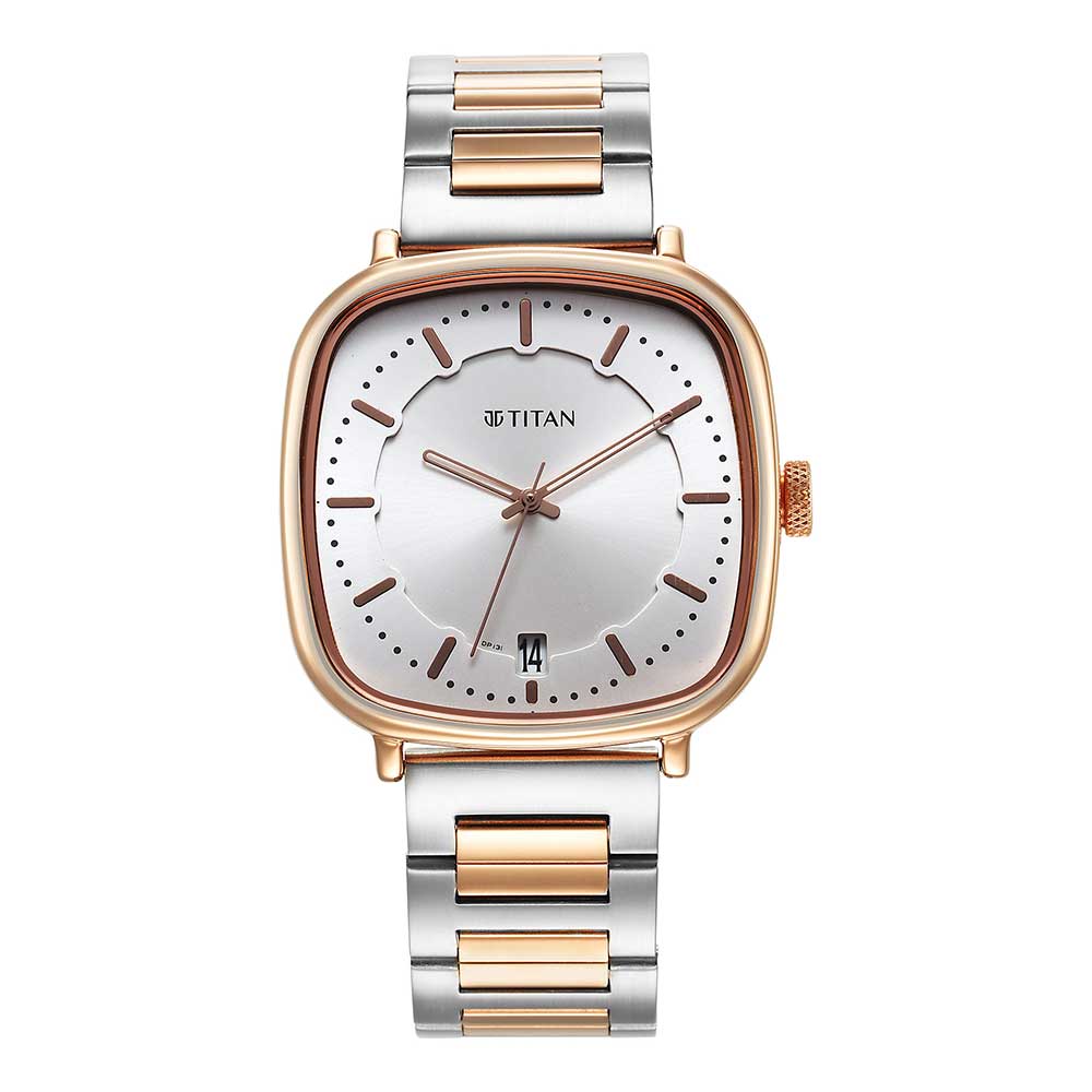 Titan Shaped Case Silver White Dial Metal Strap Watch