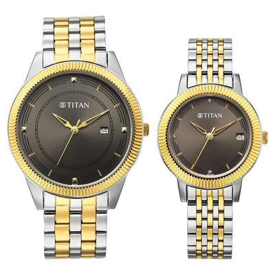 Titan Grey Dial Two Toned Stainless Steel Strap Analog with Date Watch for Couple