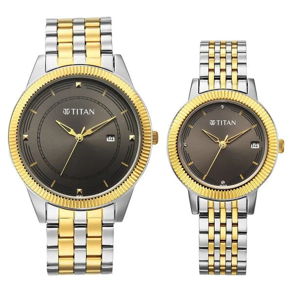 Titan Grey Dial Two Toned Stainless Steel Strap Analog with Date Watch for Couple