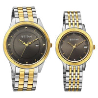 Titan Grey Dial Two Toned Stainless Steel Strap Analog with Date Watch for Couple