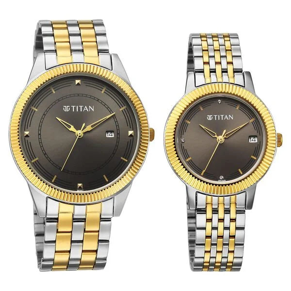 Titan Grey Dial Two Toned Stainless Steel Strap Analog with Date Watch for Couple