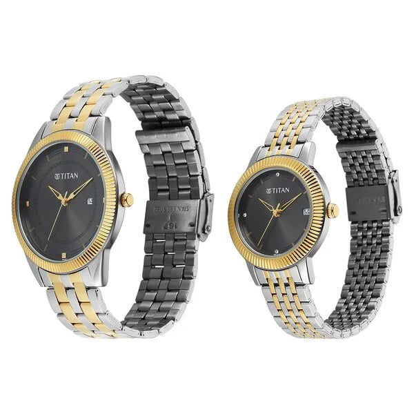 Titan Grey Dial Two Toned Stainless Steel Strap Analog with Date Watch for Couple