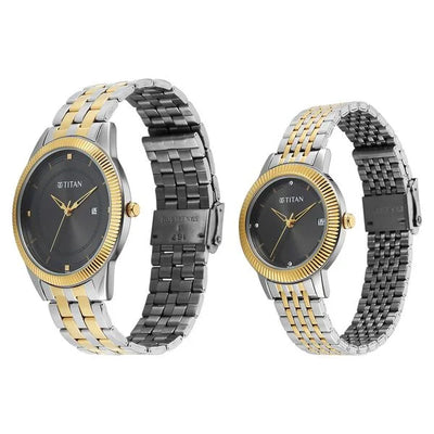 Titan Grey Dial Two Toned Stainless Steel Strap Analog with Date Watch for Couple
