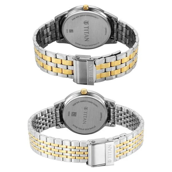 Titan Grey Dial Two Toned Stainless Steel Strap Analog with Date Watch for Couple