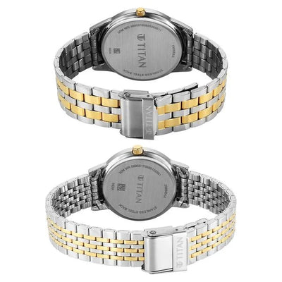 Titan Grey Dial Two Toned Stainless Steel Strap Analog with Date Watch for Couple