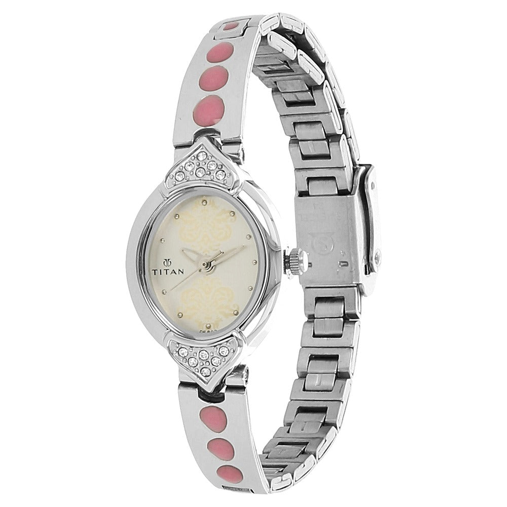 Titan Quartz Analog White Dial Stainless Steel Strap Watch for Women