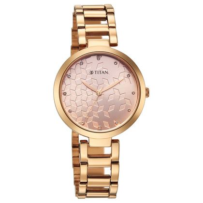 Titan Purple Pink Dial Rose Gold Metal Strap Analog Watch for Women