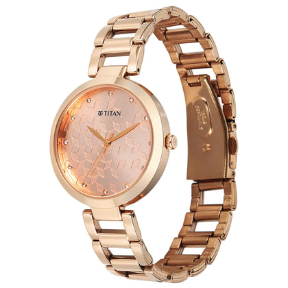 Titan Purple Pink Dial Rose Gold Metal Strap Analog Watch for Women