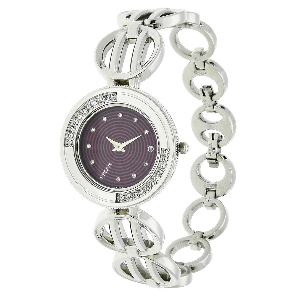 Titan Quartz Analog Purple Dial Stainless Steel Strap Watch for Women