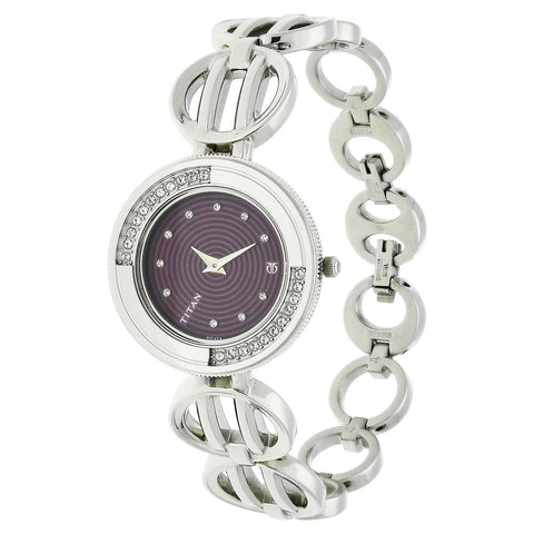 Titan Quartz Analog Purple Dial Stainless Steel Strap Watch for Women