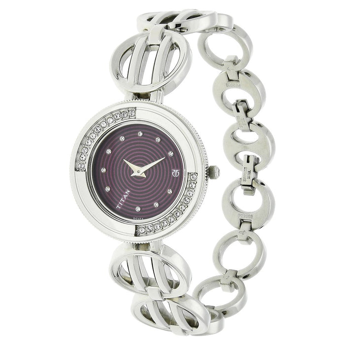 Titan Quartz Analog Purple Dial Stainless Steel Strap Watch for Women