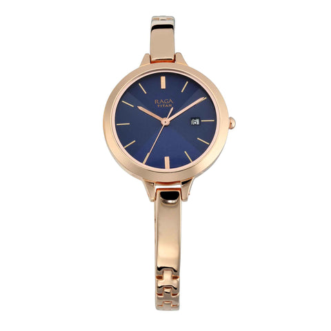 Titan Quartz Analog with Date Blue Dial Metal Strap Watch for Women