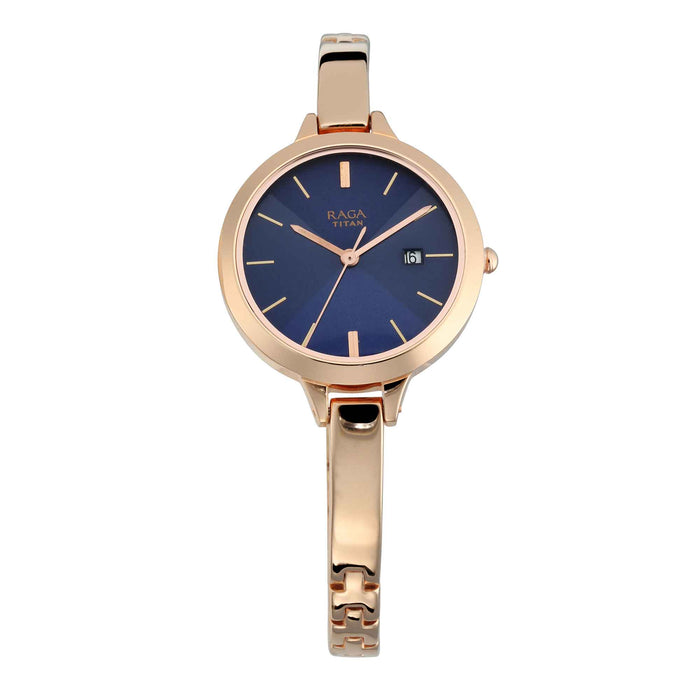 Titan Quartz Analog with Date Blue Dial Metal Strap Watch for Women