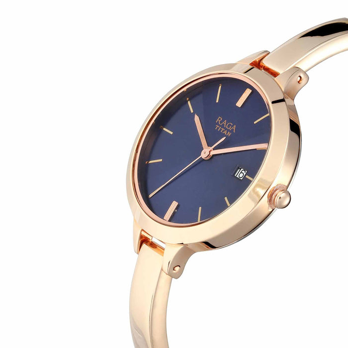 Titan Quartz Analog with Date Blue Dial Metal Strap Watch for Women