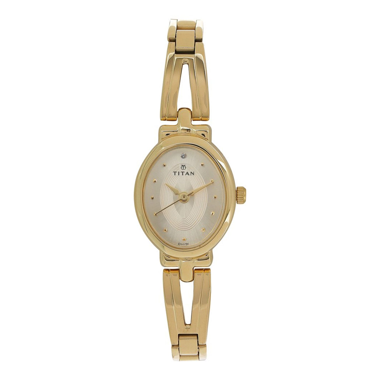 Titan Quartz Analog Champagne Dial Golden Stainless Steel Strap Oval Shaped Watch For Women