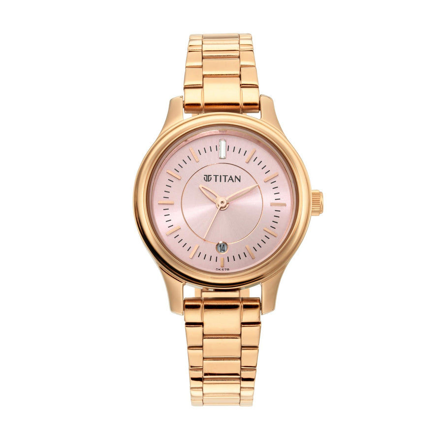 Titan Quartz Analog with Date Rose Gold Dial Metal Strap Watch for Women