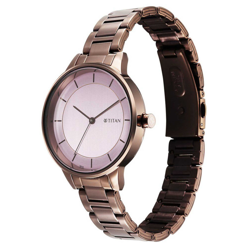 Titan Razzle Dazzle Quartz Analog Pink Dial Brown Stainless Steel Strap Watch For Women