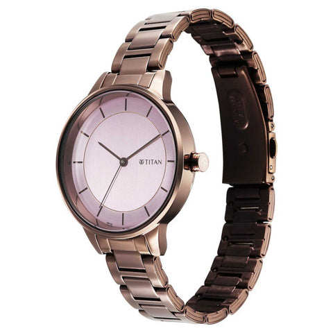 Titan Razzle Dazzle Quartz Analog Pink Dial Brown Stainless Steel Strap Watch For Women