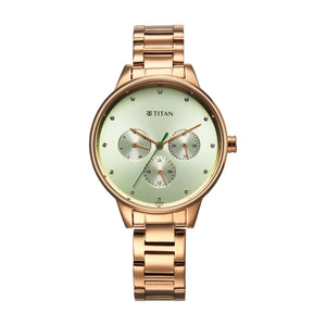 Titan Razzle Dazzle Quartz Analog with Day and Date Green Dial Rose Gold Stainless Steel Strap Watch For Women