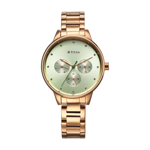 Titan Razzle Dazzle Quartz Analog with Day and Date Green Dial Rose Gold Stainless Steel Strap Watch For Women