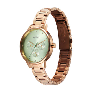 Titan Razzle Dazzle Quartz Analog with Day and Date Green Dial Rose Gold Stainless Steel Strap Watch For Women