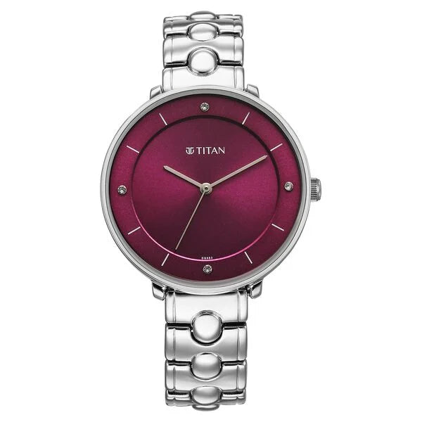 Titan Workwear Burgundy Dial Silver Stainless Steel Analog Watch for Women