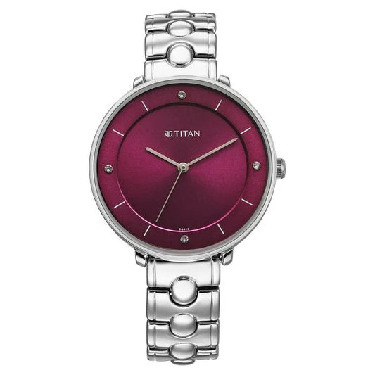 Titan Workwear Burgundy Dial Silver Stainless Steel Analog Watch for Women