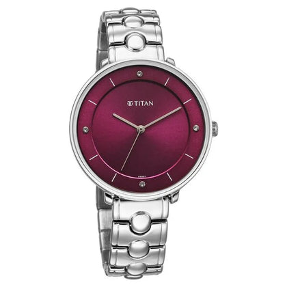 Titan Workwear Burgundy Dial Silver Stainless Steel Analog Watch for Women