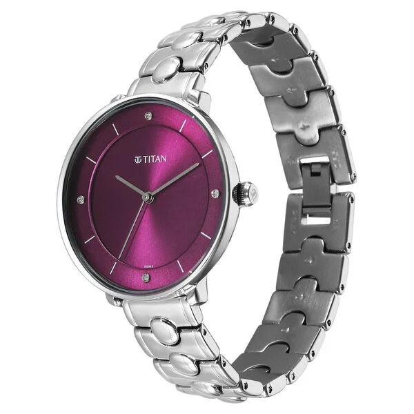 Titan Workwear Burgundy Dial Silver Stainless Steel Analog Watch for Women