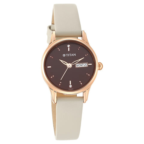 Titan Lagan Brown Dial Analog Leather Strap Watch for Women