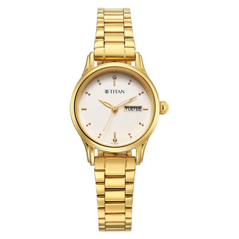 Titan Karishma Beige Dial Golden Stainless Steel Strap Analog Watch For Women
