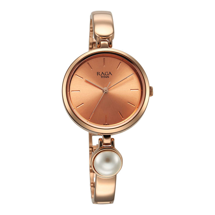 Titan Raga Power Pearls Quartz Analog Rose Gold Dial Metal Strap with pearl Watch for Women