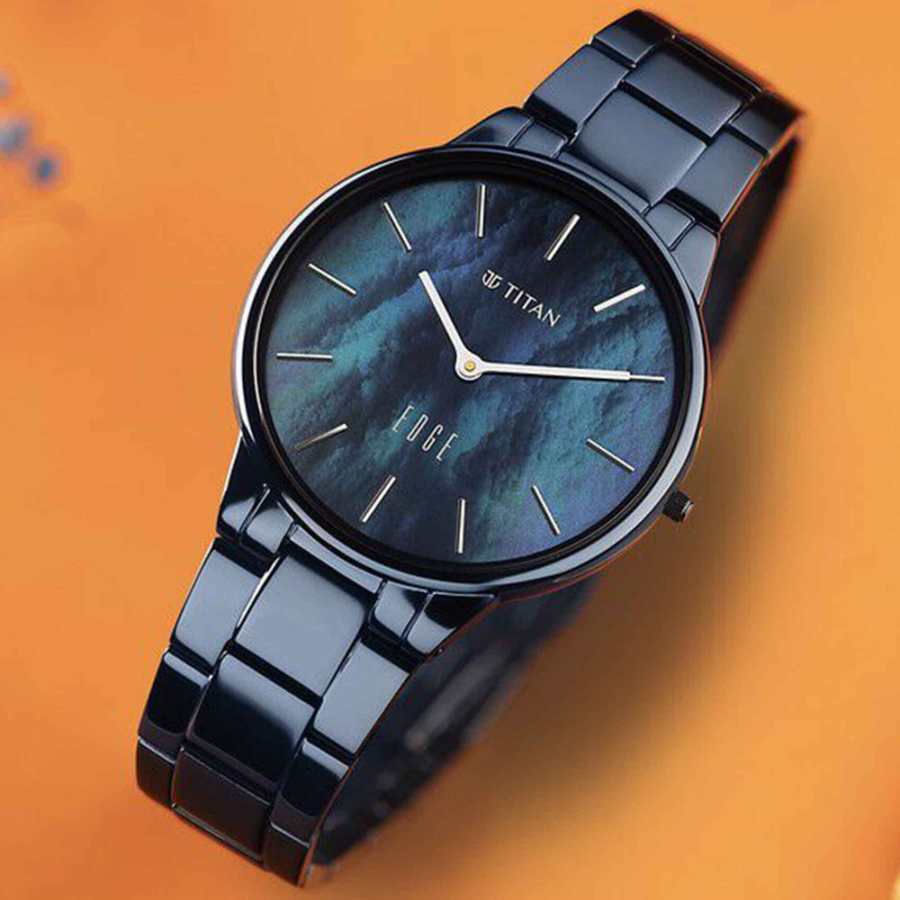 Titan Edge Mother Of Pearl Dial Blue Stainless Steel Strap Analog Watch for Women