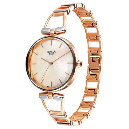 Titan Raga Ascend Quartz Alog Mother Of Pearl Dial With Two Toned Color Metal Strap Watch For Women