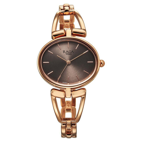 Titan Raga Ascend Quartz Alog Brown Dial With Rose Gold Color Metal Strap Watch For Women