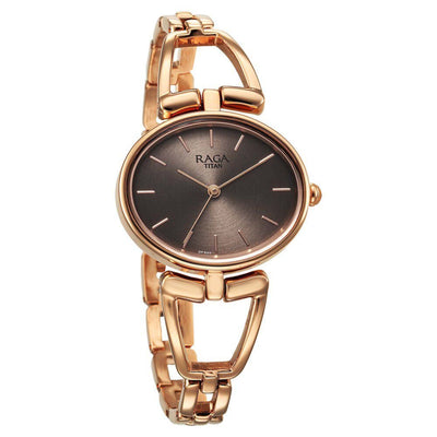 Titan Raga Ascend Quartz Alog Brown Dial With Rose Gold Color Metal Strap Watch For Women