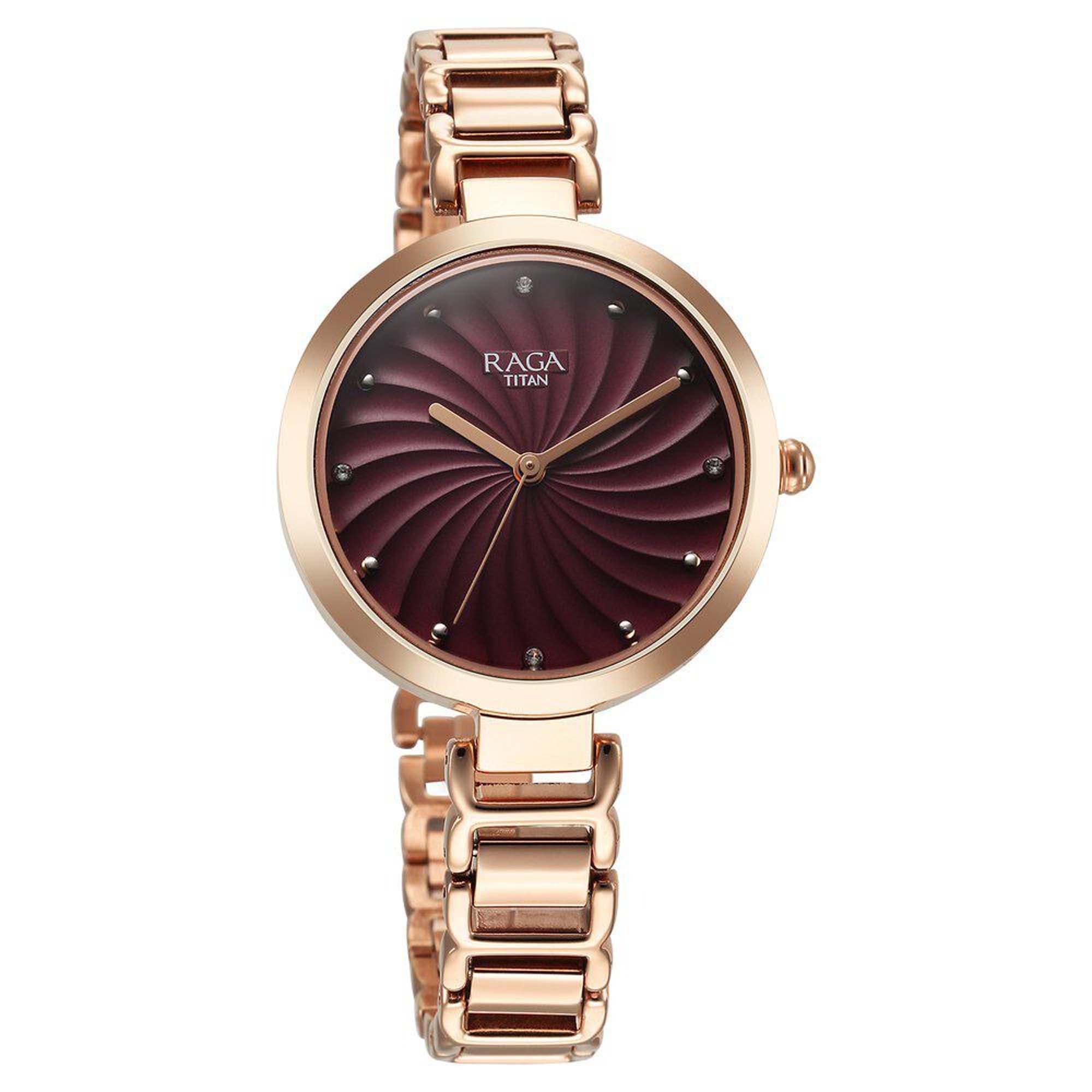 Titan Raga Memoirs Quartz Analog Burgundy Dial With Rose Gold Color Metal Strap Watch For Women