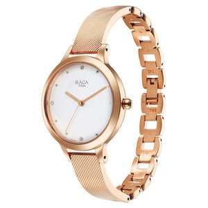 Titan Raga Memoirs Quartz Analog White Dial With Rose Gold Color Metal Strap Watch For Women