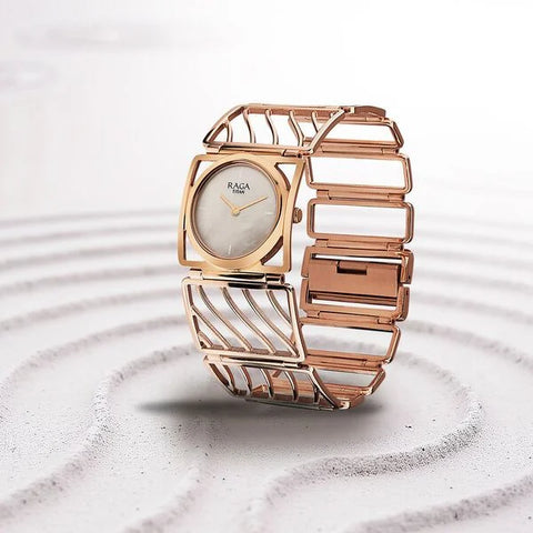 Titan Raga White Mother of Pearl Rectangle Dial Rose Gold Metal Analog Watch for Women 2769WM01