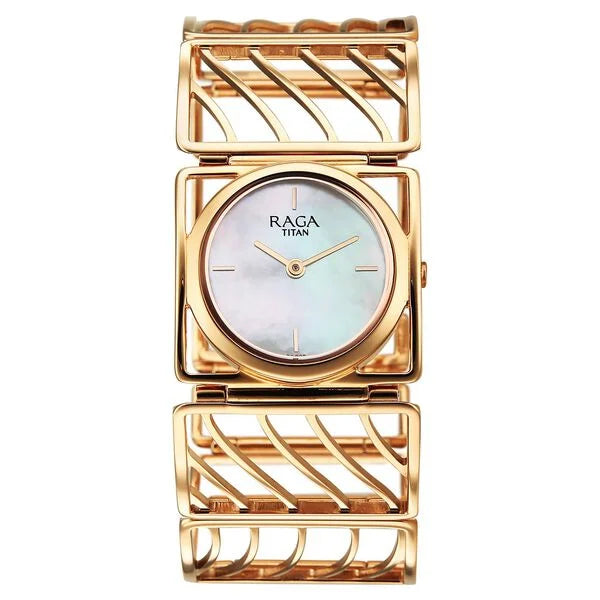 Titan Raga White Mother of Pearl Rectangle Dial Rose Gold Metal Analog Watch for Women 2769WM01