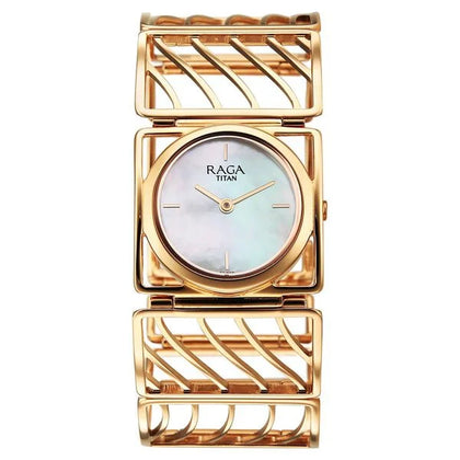 Titan Raga White Mother of Pearl Rectangle Dial Rose Gold Metal Analog Watch for Women 2769WM01