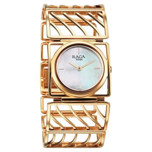Titan Raga White Mother of Pearl Rectangle Dial Rose Gold Metal Analog Watch for Women 2769WM01